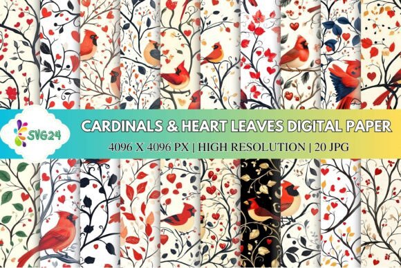 Download Cardinals &amp; Heart Leaves Digital Paper - Leaves Collection